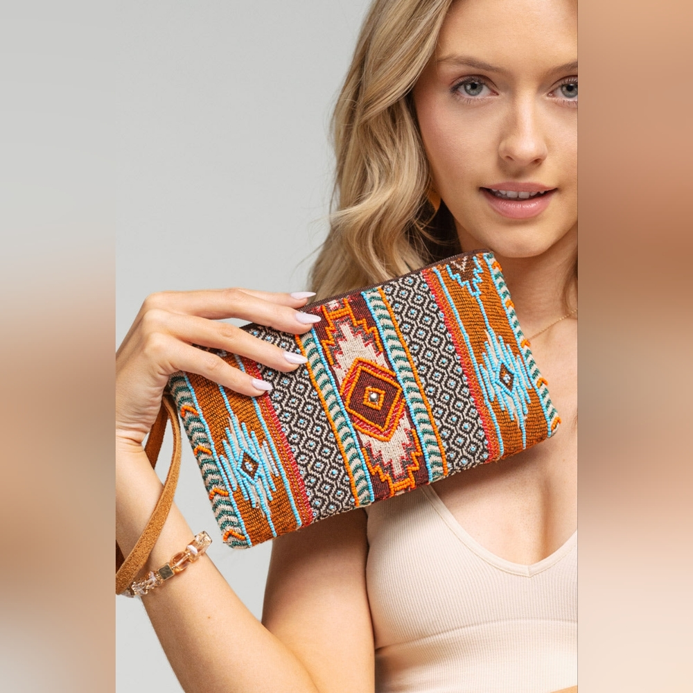 Handmade Hand Beaded Wristlet Clutch - Ethnic Inspired Design - Dyed Fine Cotton - Picture 5 of 6